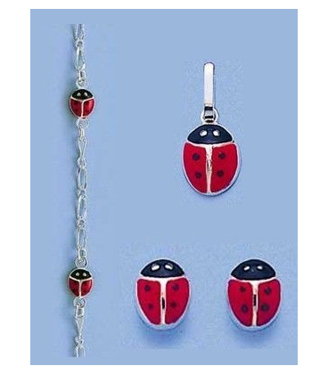 Parure boucles d'oreilles bracelet pendentif coccinelle enfant argent massif-1