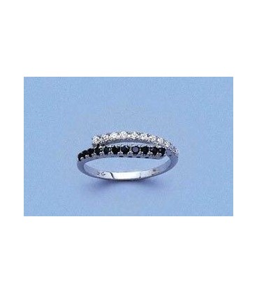 Anneau argent massif fine bague demi joncs blancs et noirs-1