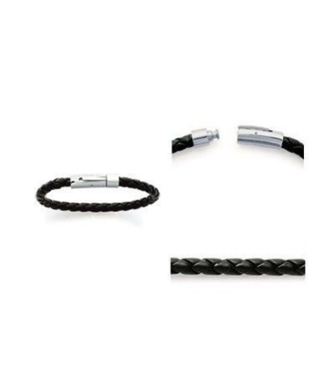 Bracelet homme en cuir noir tressé rond-1