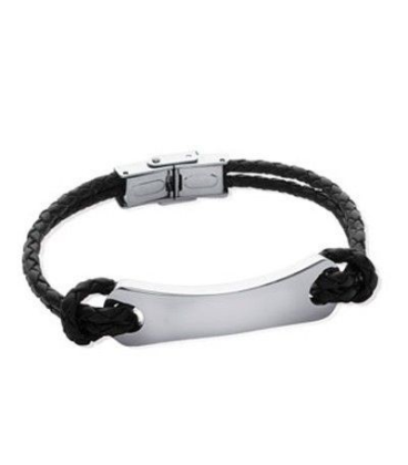 Bracelet doubles tresses de cuir noir et plaque acier 