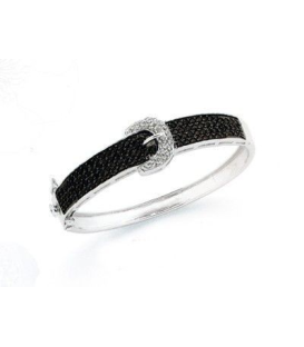 Beau bracelet argent massif rigide ouvrant ceinture en demi jonc de zirconium noir et blanc