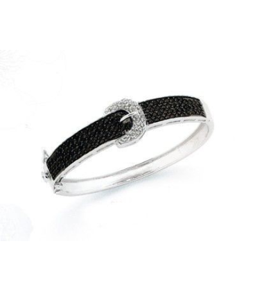 Beau bracelet argent massif rigide ouvrant ceinture en demi jonc de zirconium noir et blanc-1