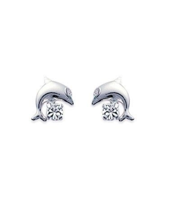 Boucles d'oreilles dauphin enfant en argent massif et petit zirconium-1