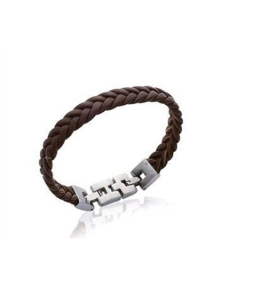 Bracelet en cuir brun tressé plat et acier-1