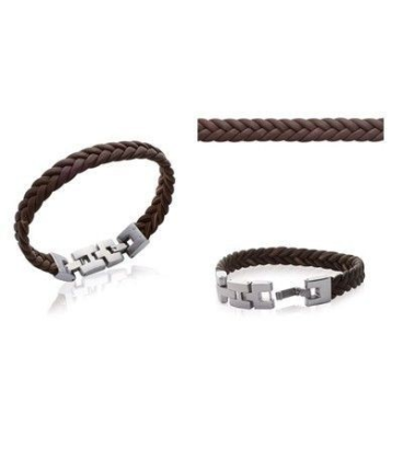 Bracelet en cuir brun tressé plat et acier-3