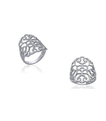 Belle bague femme argent massif plate ajourée volutes de zirconium-1