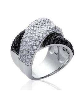 Grosse bague joaillerie argent massif larges anneaux blancs et noirs de zirconium