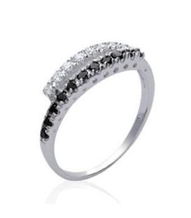 Anneau argent massif fine bague demi joncs blancs et noirs