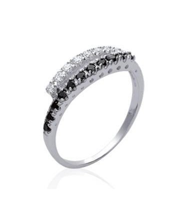 Anneau argent massif fine bague demi joncs blancs et noirs-3