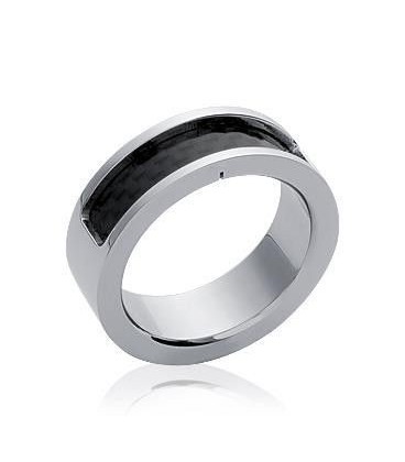 Bague homme acier brossé demi jonc rehaussé de carbone-2