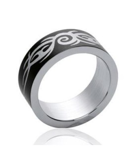 Bague homme acier ruthénium noir motif tribal