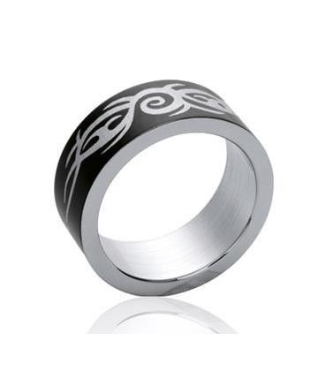 Bague homme acier ruthénium noir motif tribal-2