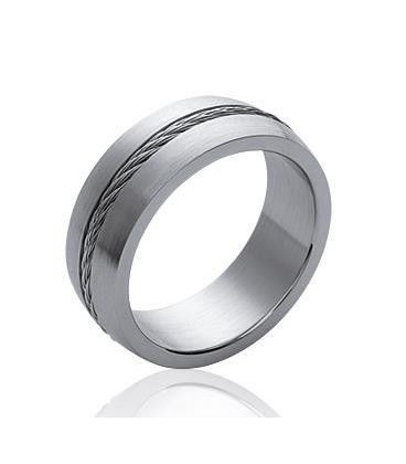 Bague acier homme anneau bombé avec cable torsadé-2