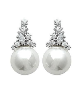 Boucles d'oreilles perle de Majorque blanche et zirconium griffé sur argent massif 