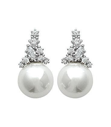 Boucles d'oreilles perle de Majorque blanche et zirconium griffé sur argent massif 
