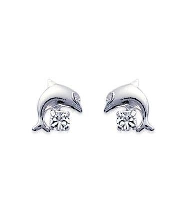 Boucles d'oreilles dauphin enfant en argent massif et petit zirconium-2