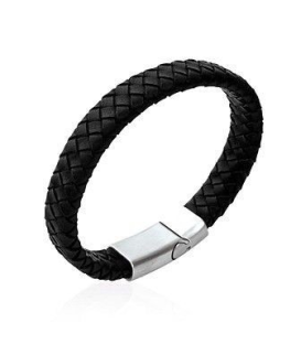 Beau bracelet homme en cuir noir tressé