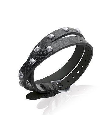 Bracelet lacet en cuir plat noir clouté acier -2