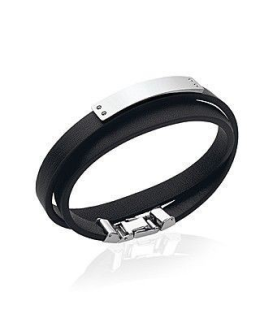 Bracelet lacet plat en cuir noir plaque d'acier