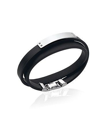 Bracelet lacet plat en cuir noir plaque d'acier-1