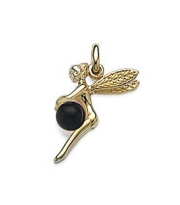 Pendentif femme elfe plaqué or et perle noire d'onyx véritable-2