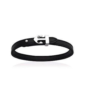 Bracelet homme plat en cuir noir acier