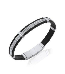 Bracelet pour homme de cuir noir en superposition trois rangs d'acier torsadé baguer