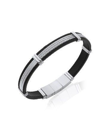 Bracelet pour homme de cuir noir en superposition trois rangs d'acier torsadé baguer-1