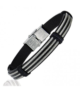 Bracelet homme cables d'acier bagués sur cuir