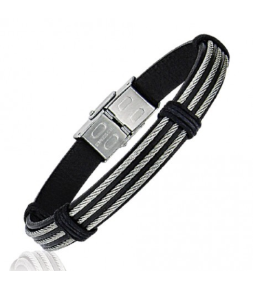 Bracelet homme cables d'acier bagués sur cuir-1