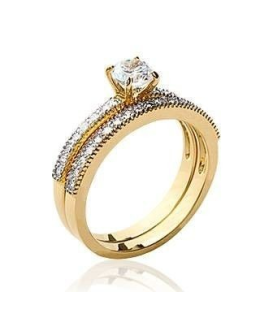 Bague duo alliance et solitaire plaqué or et oxydes de zirconium
