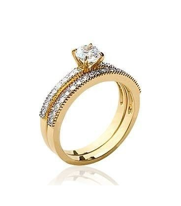 Bague duo alliance et solitaire plaqué or et oxydes de zirconium 