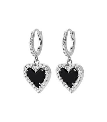 Belles boucles d'oreilles argent massif pendant coeur zirconium noir et blanc-1