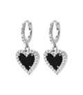 Belles boucles d'oreilles argent massif pendant coeur zirconium noir et blanc