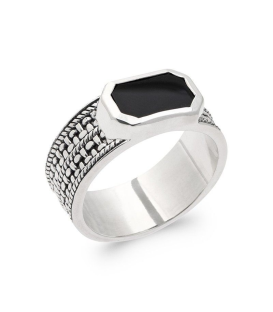 Bague argent massif anneau incrustée d'une AGATE noire QUANTUM 925