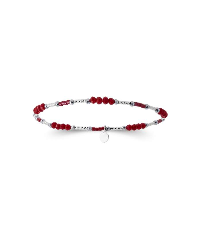 Bracelet Gourmette Ancien En Argent Massif 925 - Maille Perle Avec Grenat - Occasion Vintage