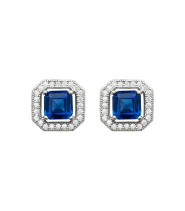 Boucle d'oreille carrée bleu saphir argent massif bordée zirconium blanc 