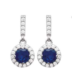 Boucles d 'oreilles argent massif pendant rond zirconium bleu saphir et blanc 
