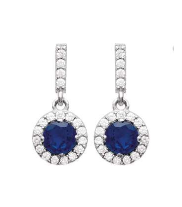 Boucles d 'oreilles argent massif pendant rond zirconium bleu saphir et blanc 