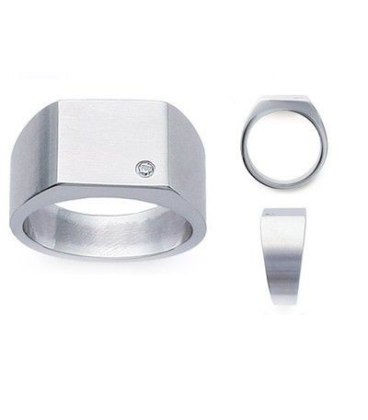 Bague acier homme chevalière rectangulaire et zirconium-1